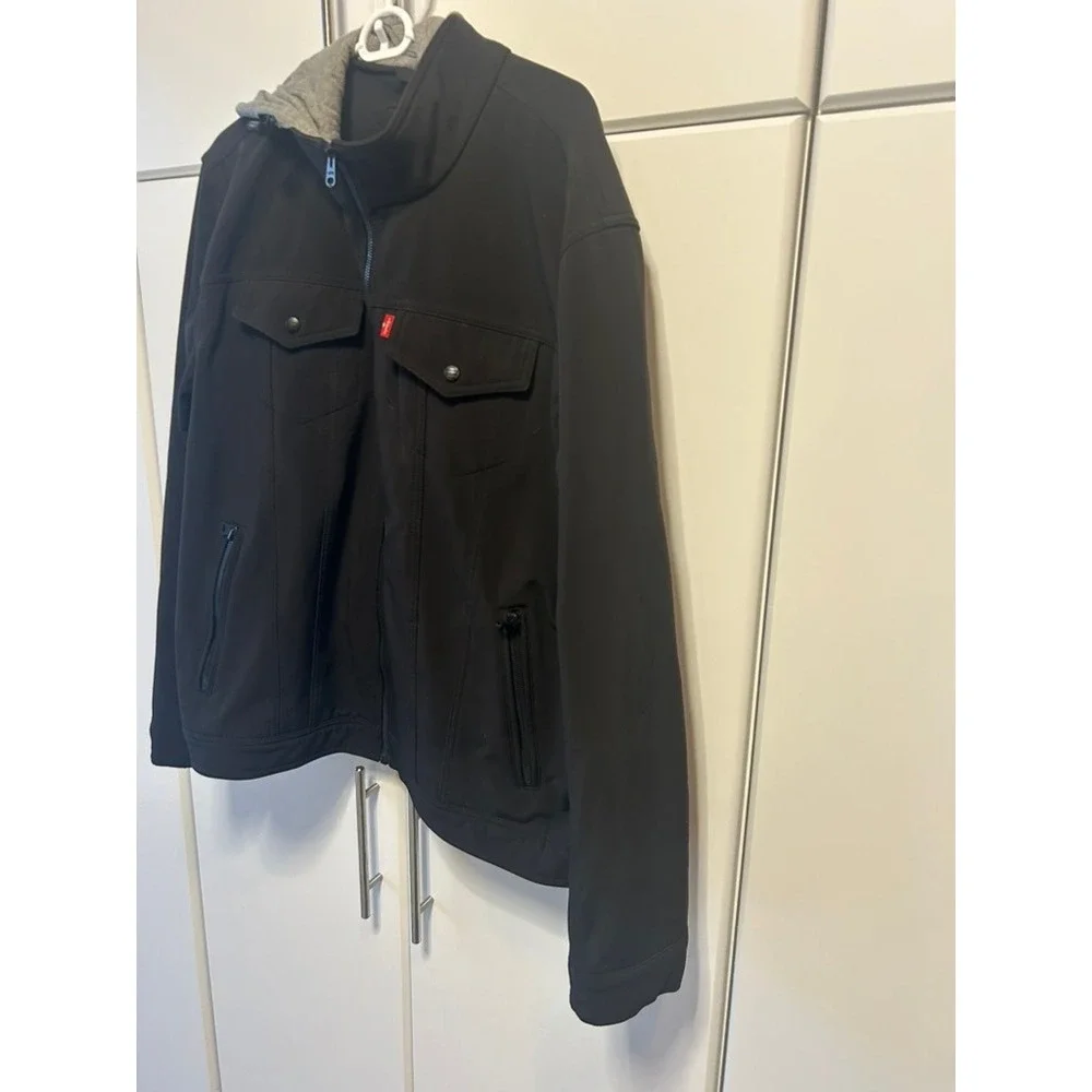Levis Mens Black Softshell Hooded Jacket‎ Full Zip Windbreaker Coat Large
